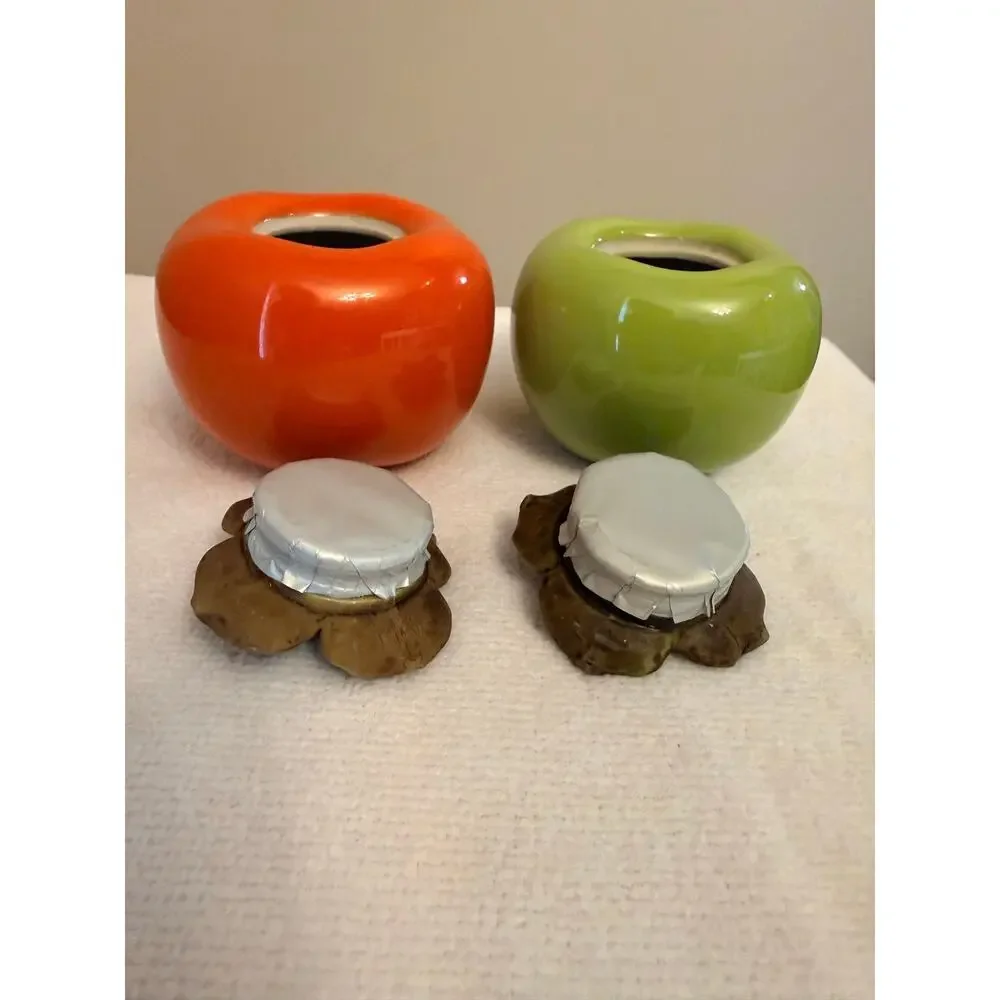 2PCS Kitchen Gift Persimmon Shaped Ceramic Storage Jar (Orange, Green) NWOT